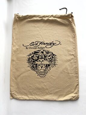 ✨ED HARDY Logo Tiger Cotton Drawstring Dust Bag Beige
